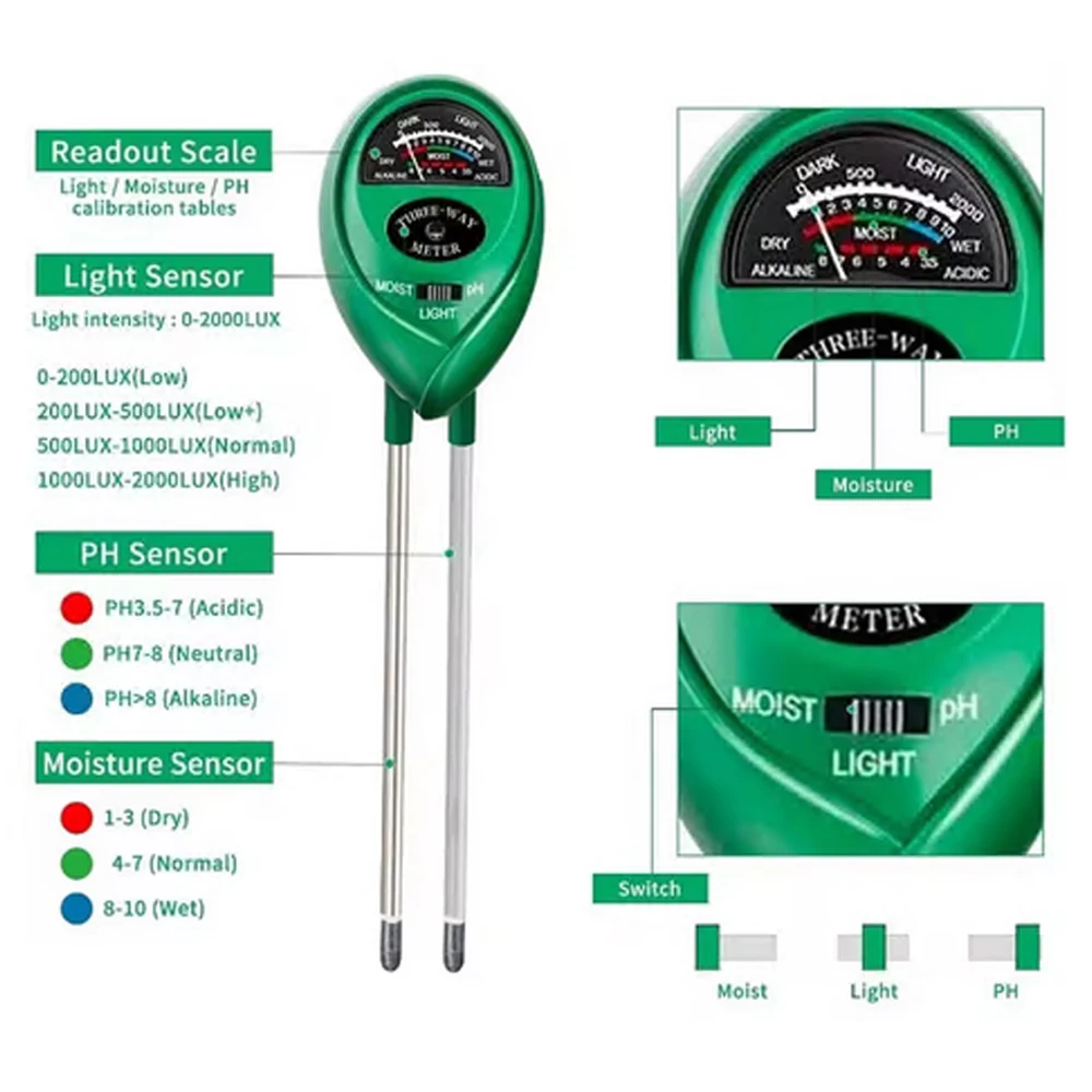 3 In1 Moisture Sunlight PH Met - огляд і ціна Soil Ph Meter 3 In 1 Moisture Sunlight